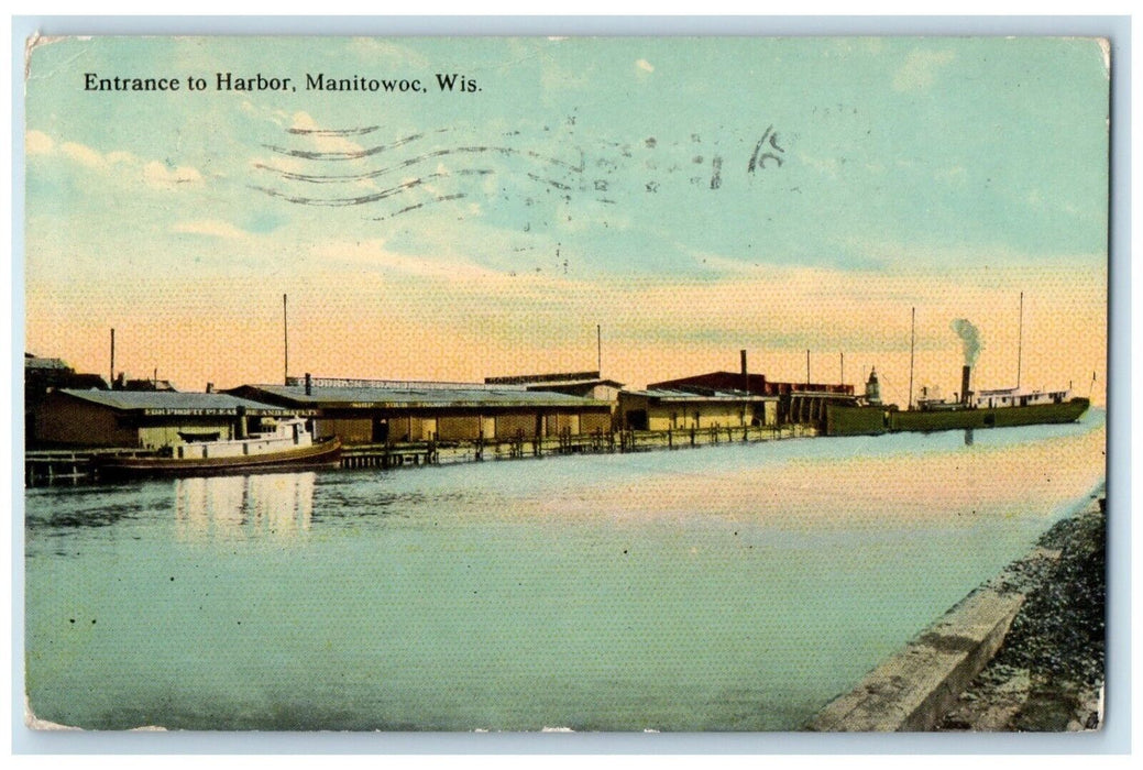 1915 Entrance Harbor Boat Dock Steamer Cruise Ship Manitowoc Wisconsin Postcard