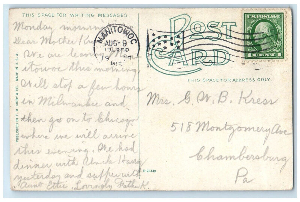 1915 Entrance Harbor Boat Dock Steamer Cruise Ship Manitowoc Wisconsin Postcard