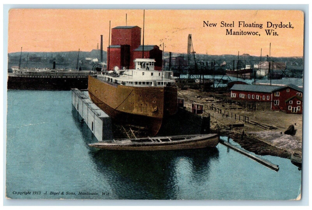 1918 New Steel Floating Drydock Steamer Ship Manitowoc Wisconsin Posted Postcard