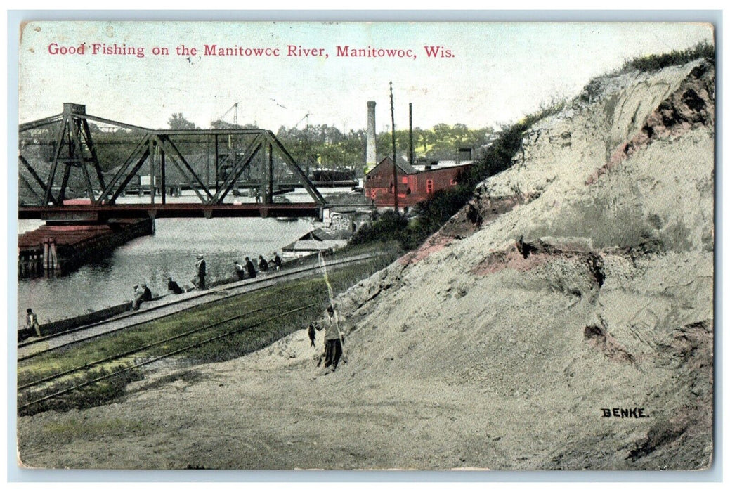 1913 Good Fishing Manitowoc River Bridge Railroad Manitowoc Wisconsin Postcard