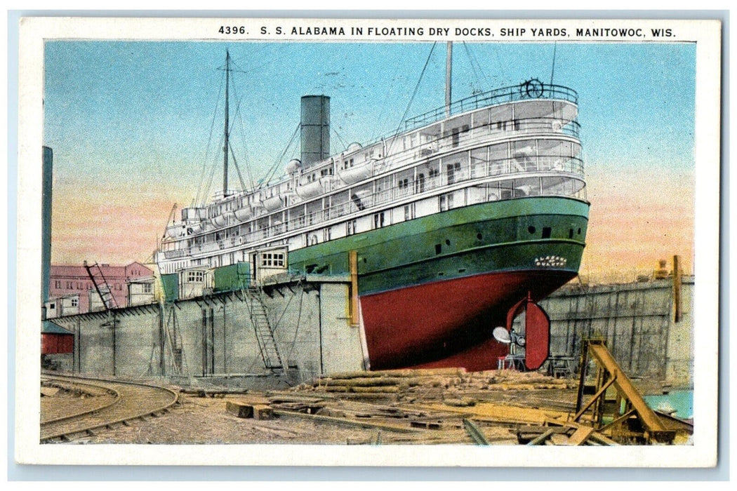 1936 SS Alabama Floating Dry Docks Ship Yards Manitowoc Wisconsin WI Postcard