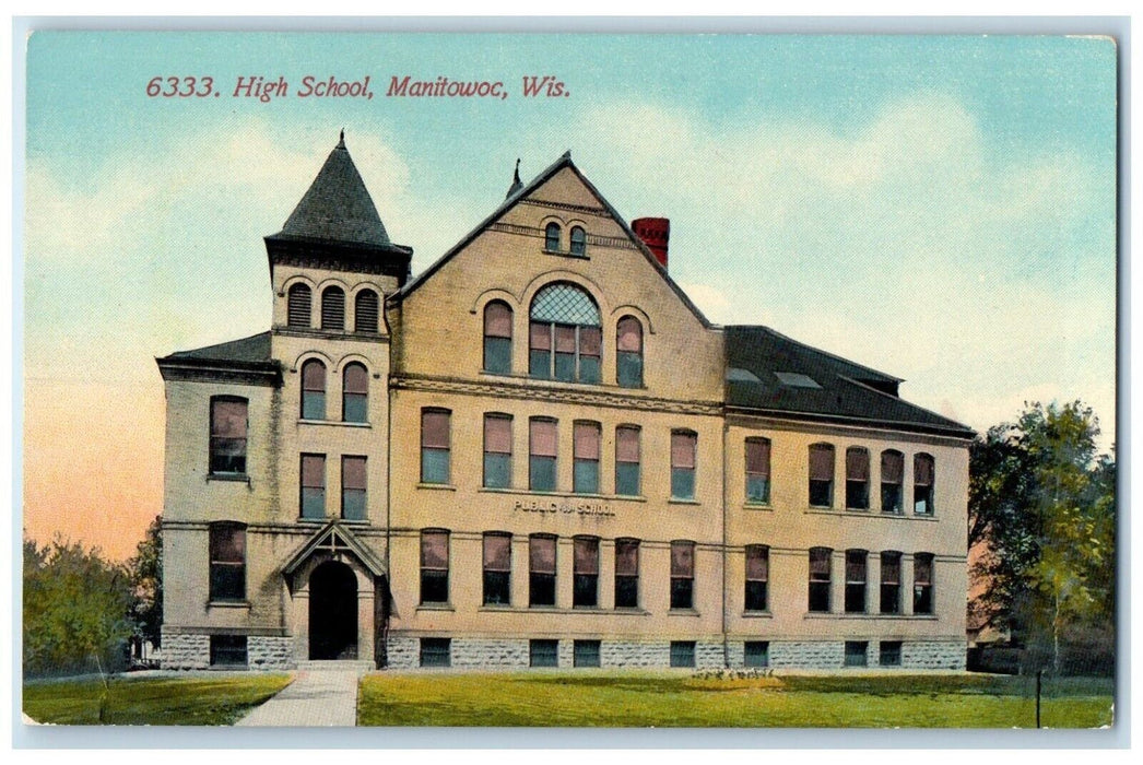 c1910 Exterior View High School Building Manitowoc Wisconsin WI Antique Postcard