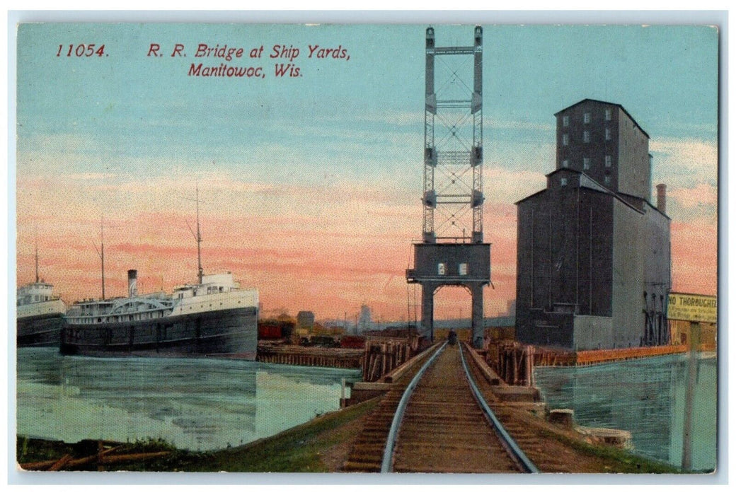 c1910 Railroad Bridge Ship Yards Steamer Manitowoc Wisconsin WI Antique Postcard