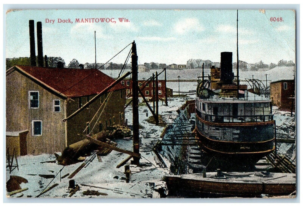 1908 Dry Dock Winter Scene Steamer Ship Manitowoc Wisconsin WI Antique Postcard