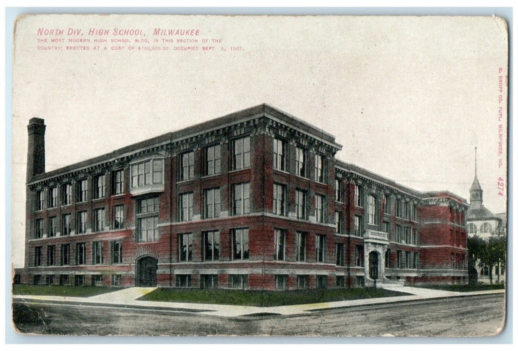 c1910 North Div High School Exterior Building Road Milwaukee Wisconsin Postcard