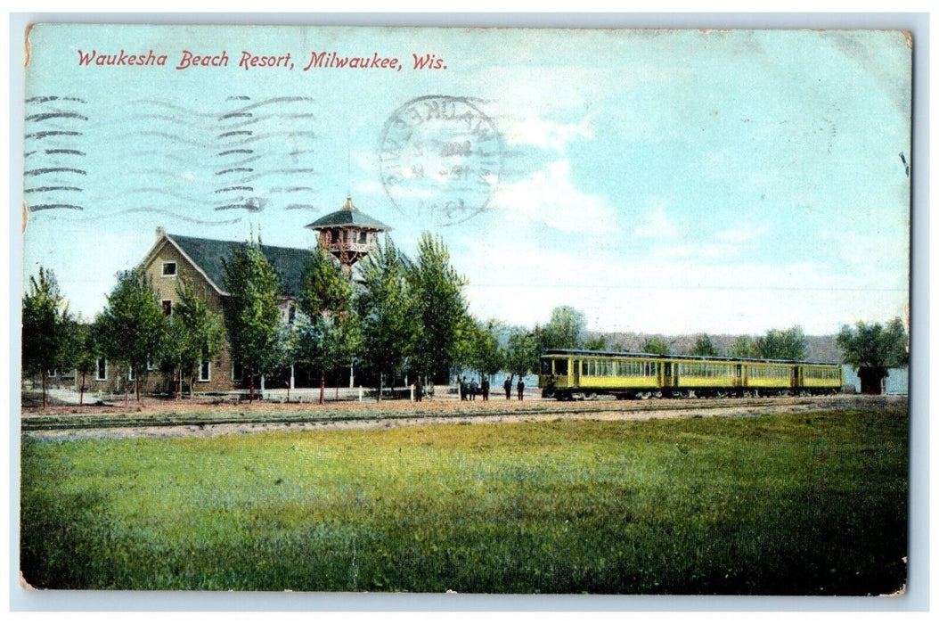 1911 Waukesha Beach Resort Exterior Train Railroad  Milwaukee Wisconsin Postcard