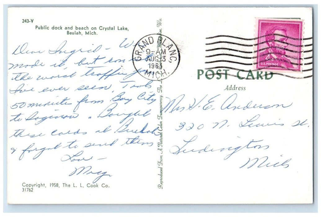 1963 Public Dock Beach Crystal Lake Beulah Michigan MI Vintage Antique Postcard