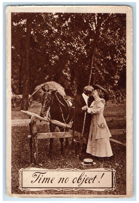 1910 Sweet Couple Kissing Romance Horse Time No Object Byran Ville MA Postcard