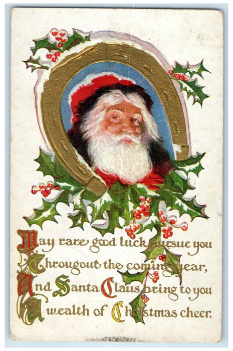 1910 Christmas Santa Claus Horseshoe Holly Berries Embossed Antique Postcard