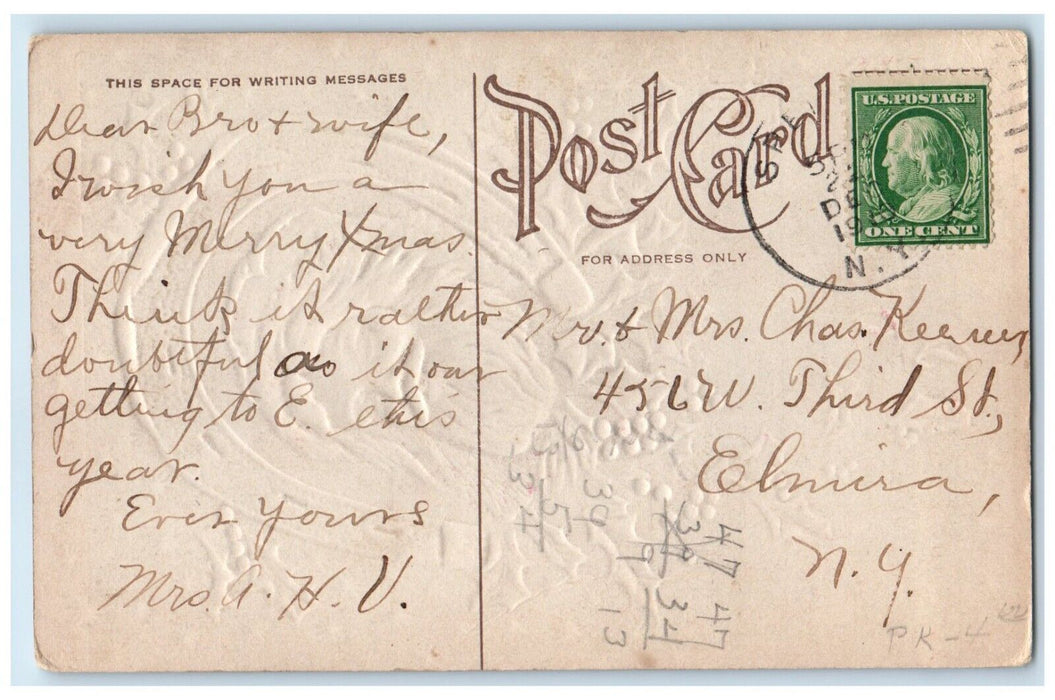 1910 Christmas Santa Claus Horseshoe Holly Berries Embossed Antique Postcard