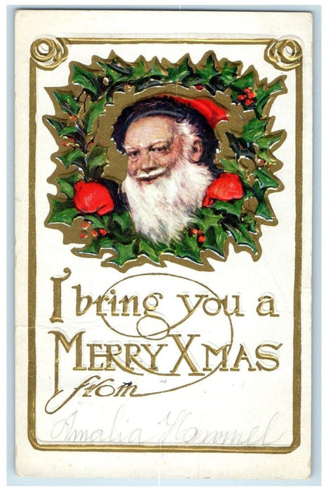 1910 Christmas Santa Claus In Holly Berries Wreath Embossed Clayton IA Postcard