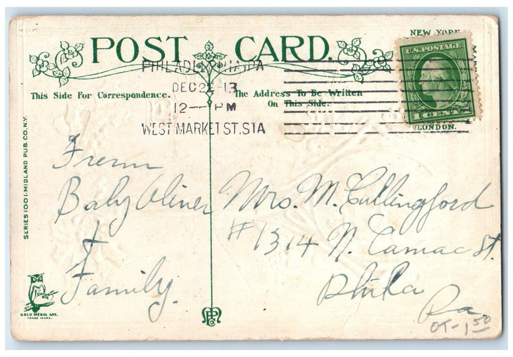 1913 Christmas Santa Claus Berries Pansies Flowers Philadelphia PA Postcard