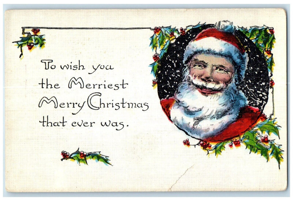 c1930's Merry Christmas Santa Claus Holly Berries Unposted Vintage Postcard
