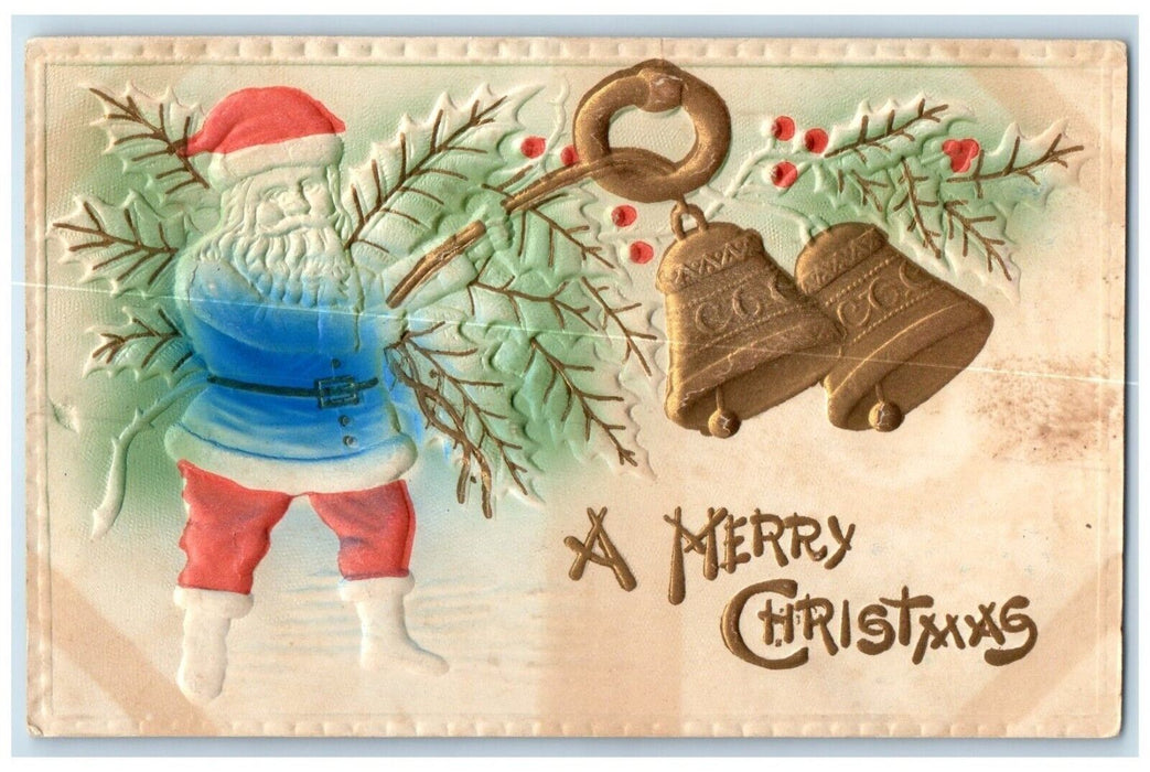 c1910's Merry Christmas Santa Claus Ringing Bell Berries Airbrushed Postcard
