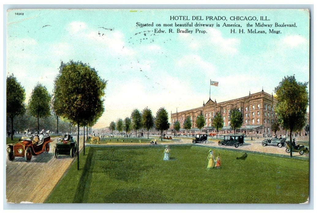 1909 Hotel Del Prado Building Cars Chicago Illinois IL Posted Antique Postcard