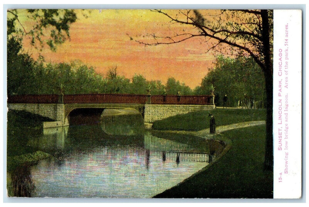 1909 View Of Sunset Lincoln Park Bridge Chicago Illinois IL Antique Postcard