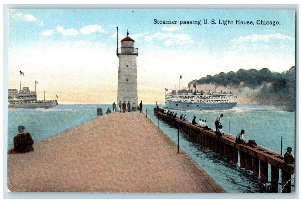 c1910's Steamer Passing US Light House Chicago Illinois IL Antique Postcard