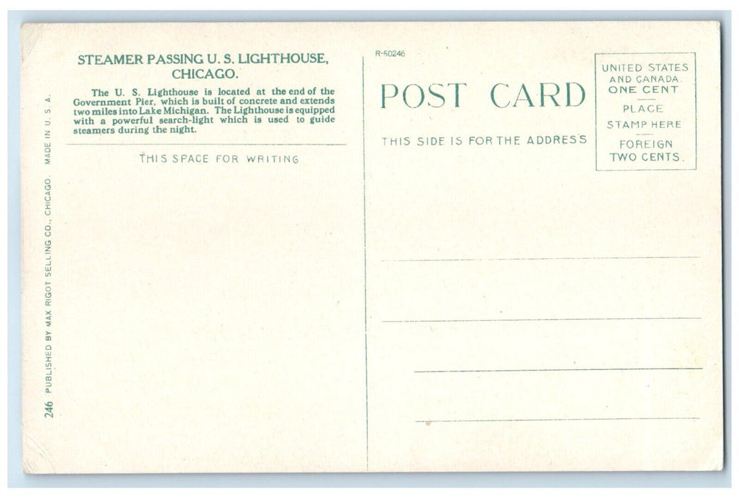 c1910's Steamer Passing US Light House Chicago Illinois IL Antique Postcard