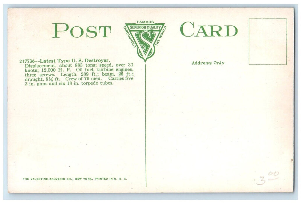 c1910's Steamer Ship US Destroyer Sea View Unposted Antique Postcard