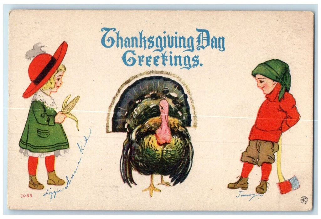 c1910's Thanksgiving Day Greetings Children With Corn Hatchet Turkey Postcard