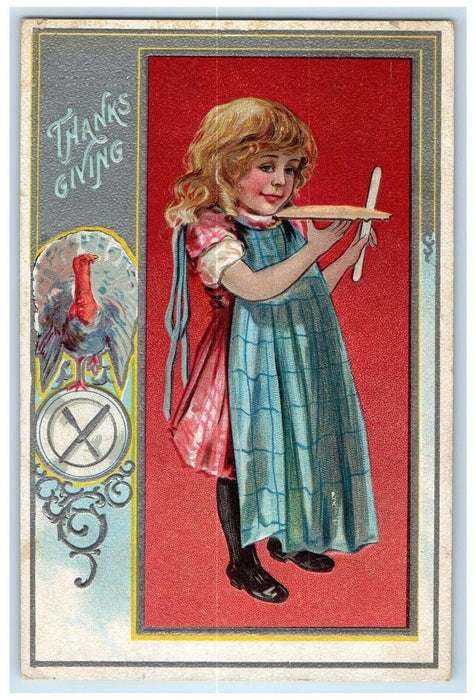 c1910s Thanksgiving Turkey Girl Holding Pie Embossed Nash Clarksburg OH Postcard