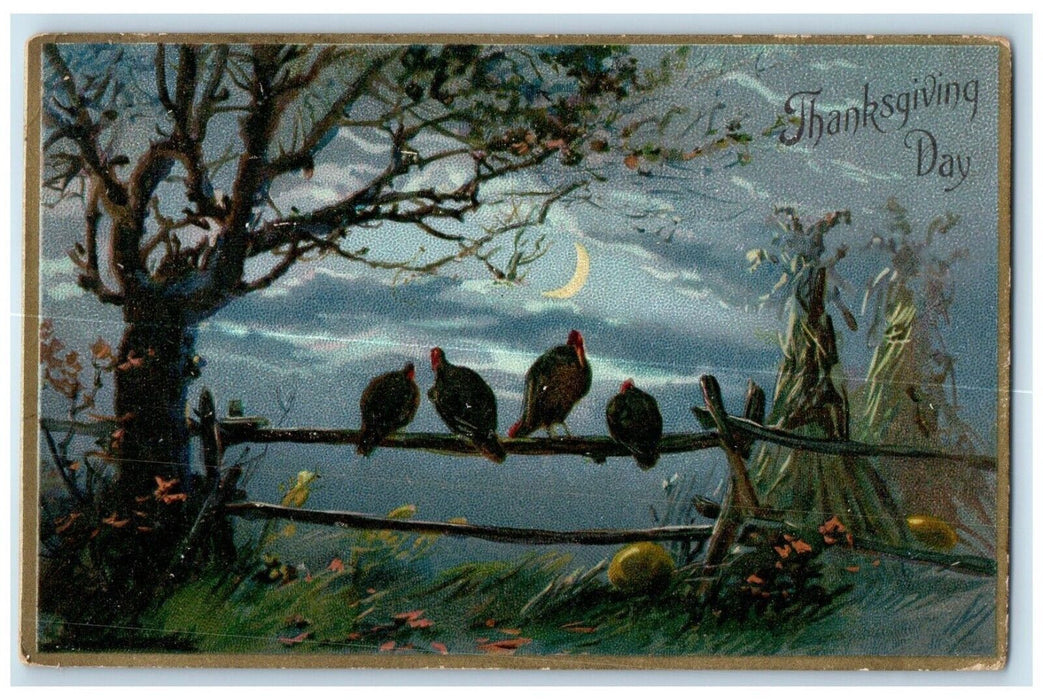 Thanksgiving Day Turkeys On Fence Crescent Moon Milford NY Tuck's Postcard