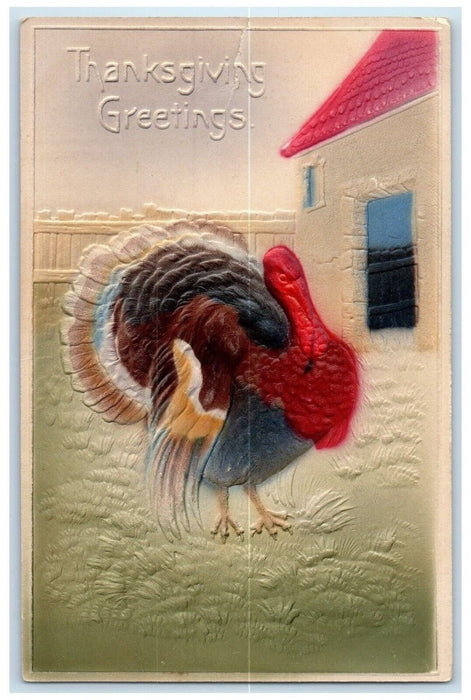 1907 Thanksgiving Greetings Turkey Airbrushed Embossed Posted Antique Postcard