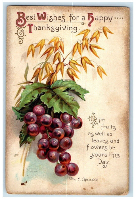 1912 Thanksgiving Grapes Fruits Ellen Clapsaddle Artist Signed Embossed Postcard