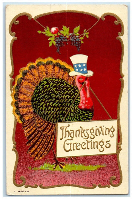 Thanksgiving Greetings Uncle Sam Turkey Fruits Embossed Brooklyn NY Postcard