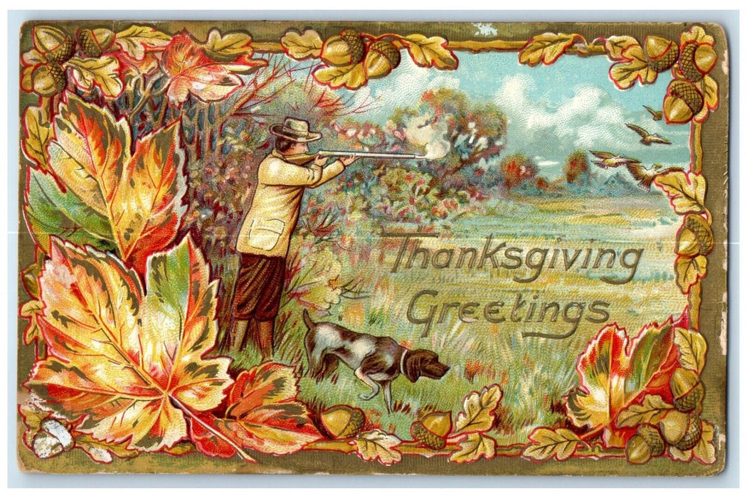 1910 Thanksgiving Greetings Man And Dog Hunting Hound Nuts Wallkill NY Postcard