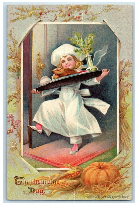 1912 Thanksgiving Day Chef Girl Cook Fried Turkey Embossed Matteawan NY Postcard