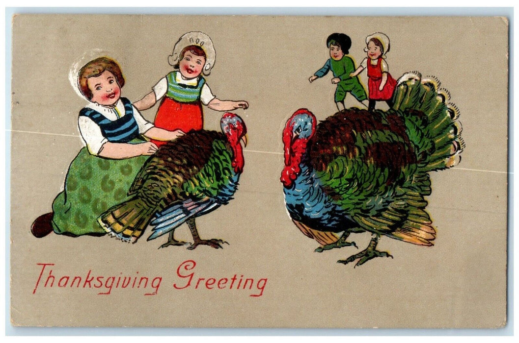 1907 Thanksgiving Greeting Girls And Turkey Embossed New York NY Postcard