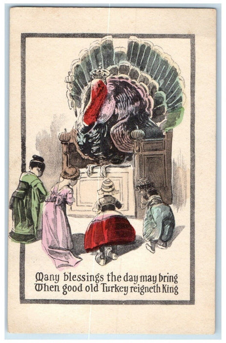 1910 Thanksgiving Turkey Reigneth King Dutch Children Orient NY Posted Postcard