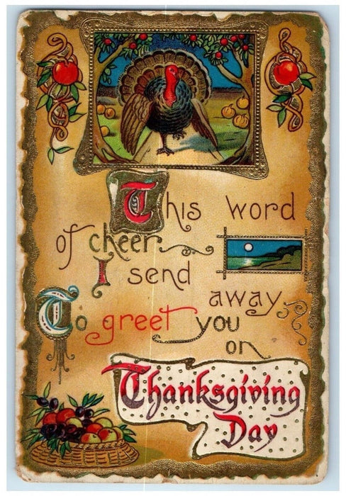 1914 Thanksgiving Day Turkey Fruits Gel Gold Gilt Embossed Albany NY Postcard