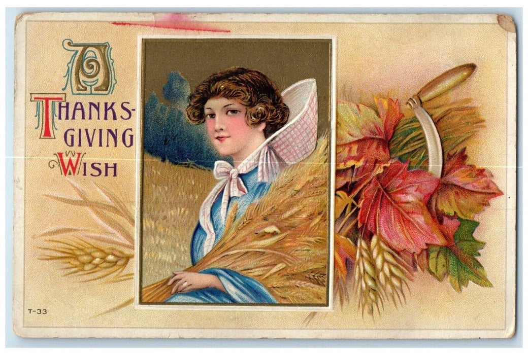 c1910's Thanksgiving Farmer Woman Harvested Wheat Embossed Antique Postcard