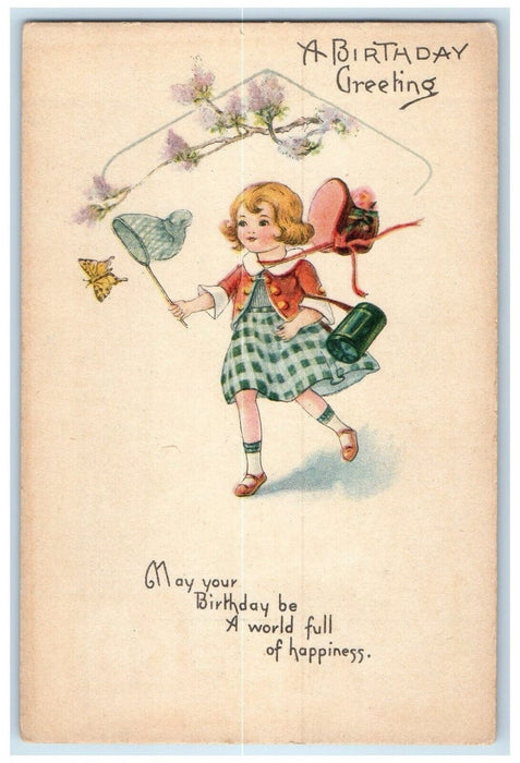 c1910's Birthday Greetings Little Girl Catching Butterfly Antique Postcard