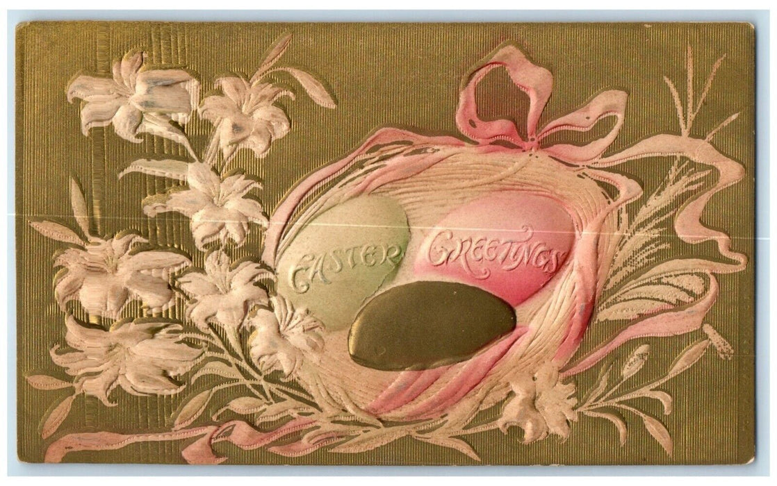 1909 Easter Greetings Eggs And Lilies Flowers Airbrushed Embossed Postcard