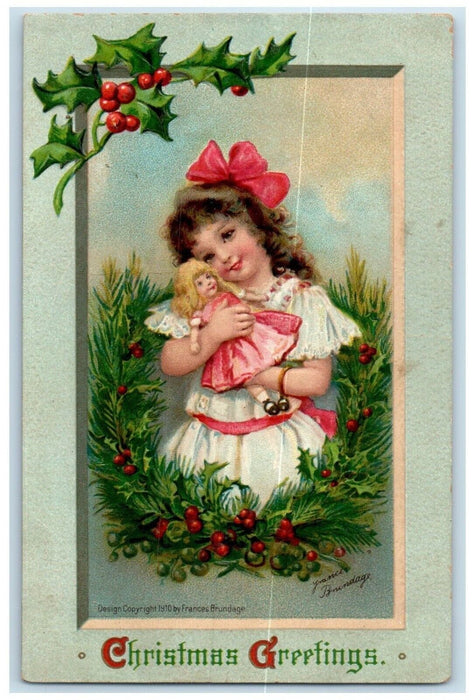 c1910's Christmas Greetings Girl Playing Doll Berries Brundage Antique Postcard