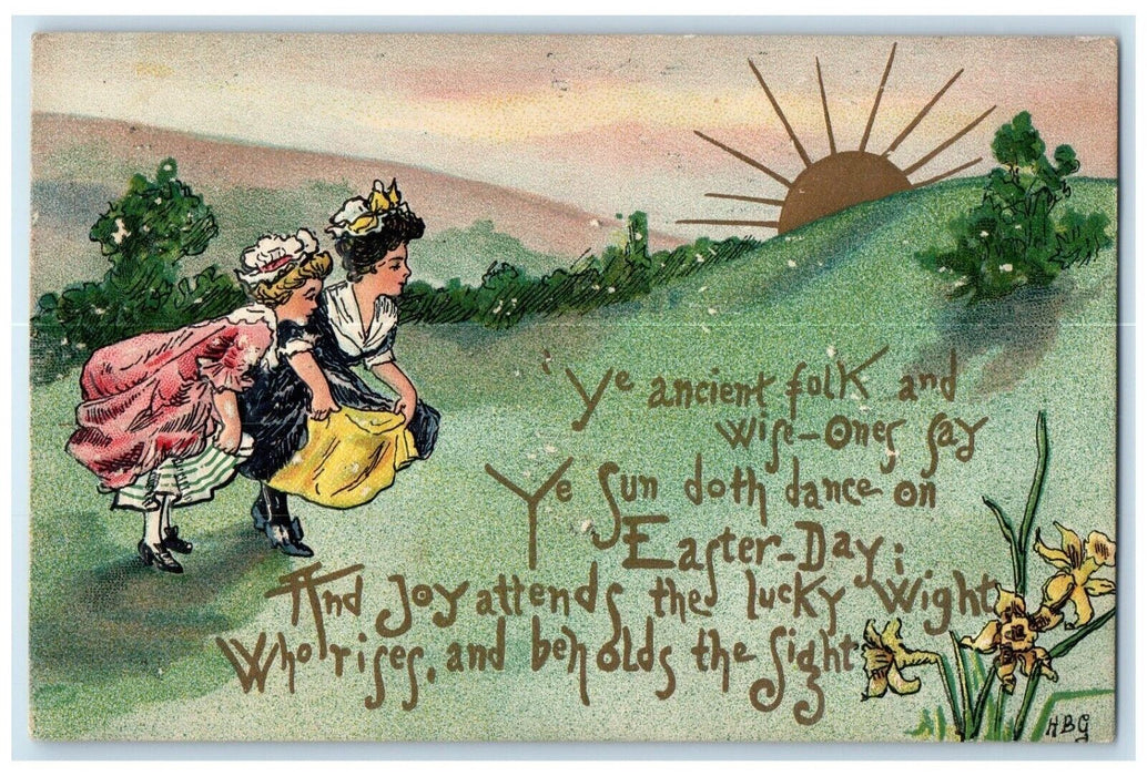 c1910's Easter Girls Running Mountain Flowers HBG Embossed Antique Postcard