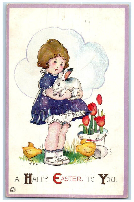 1917 Easter Girl Holding Rabbit Hatched Egg Chicks Flowers New York NY Postcard