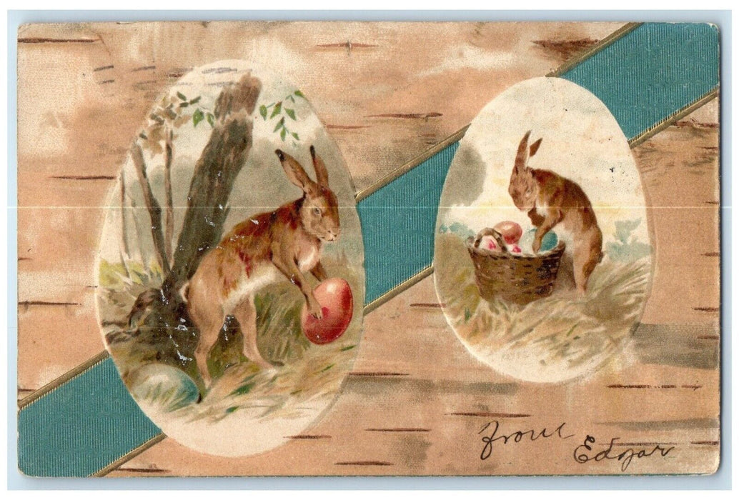 1906 Easter Rabbit Collecting Eggs In Basket Embossed Nash Brooklyn NY Postcard