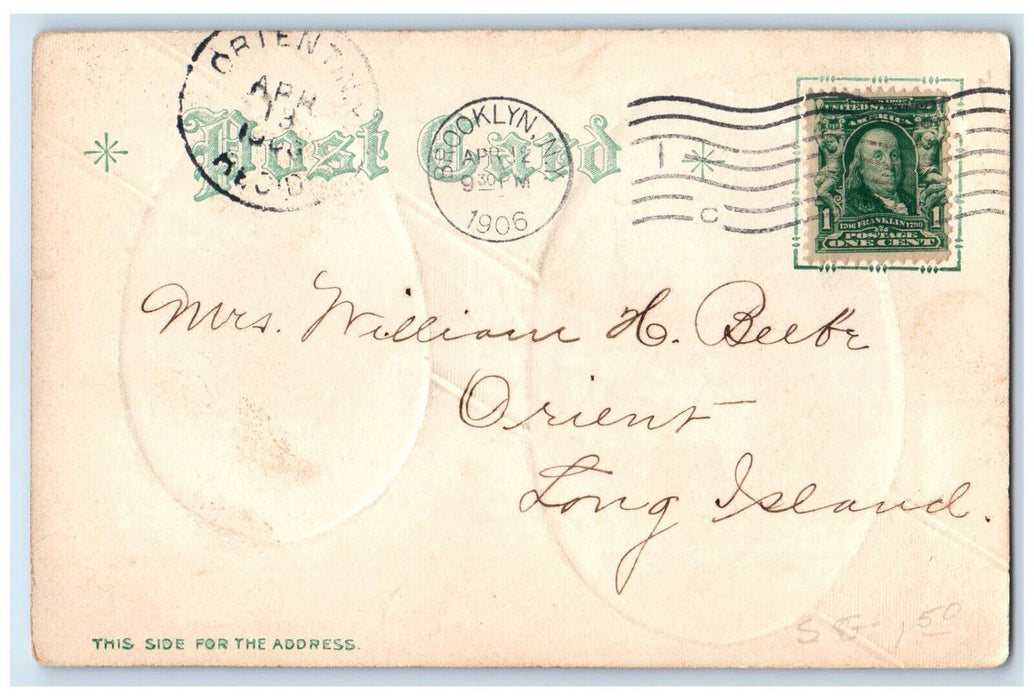 1906 Easter Rabbit Collecting Eggs In Basket Embossed Nash Brooklyn NY Postcard