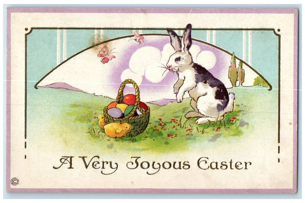 1921 Easter Bunny Rabbit Eggs Basket Butterflies Chicks Brooklyn NY Postcard