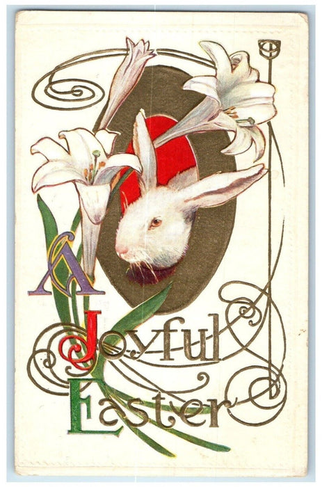 c1910's Joyful Easter Bunny In Egg Lilies Flowers Embossed Antique Postcard