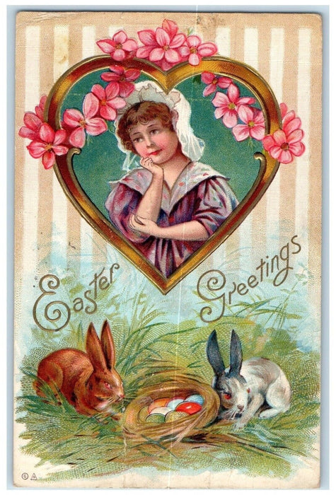 1913 Easter Greetings Heart Woman Flowers Rabbit Eggs Embossed Nash Postcard