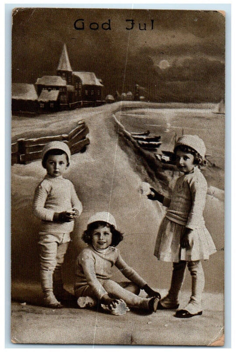 c1910's Merry Christmas Children Playing Snowball House Winter Sweden Postcard