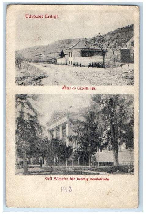 1913 Greetings Erdrol Antal Es Gizella Residence Multiview Antique Postcard