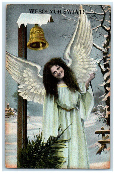 1919 Christmas Spooky Face Angel Ringing Bell Winter Poland Antique Postcard