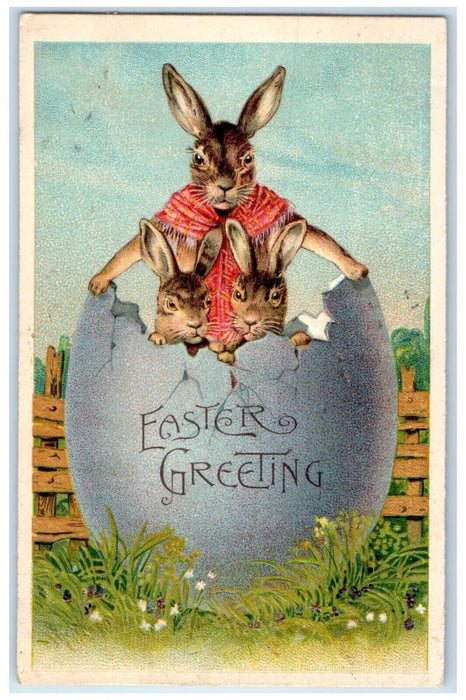 c1910's Easter Greetings Anthropomorphic Rabbit In Hatched Egg Embossed Postcard