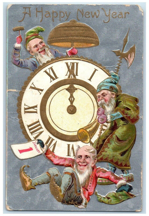 1909 Happy New Year Elves Gnomes Mushroom Clock Embossed Sayre PA Postcard